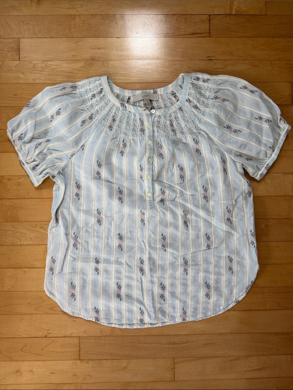 LOFT Blue Smocked Floral Stripe Puff Sleeve Blouse Boho Cottagecore Size S